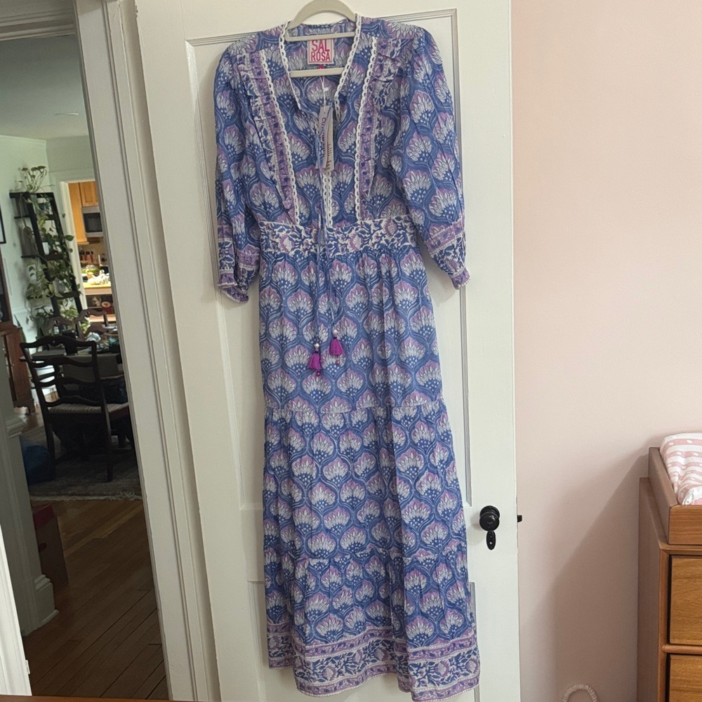 NWT Salrosa May Maxi Blue Looms Long Sleeve Dress in Blue and Purple Large